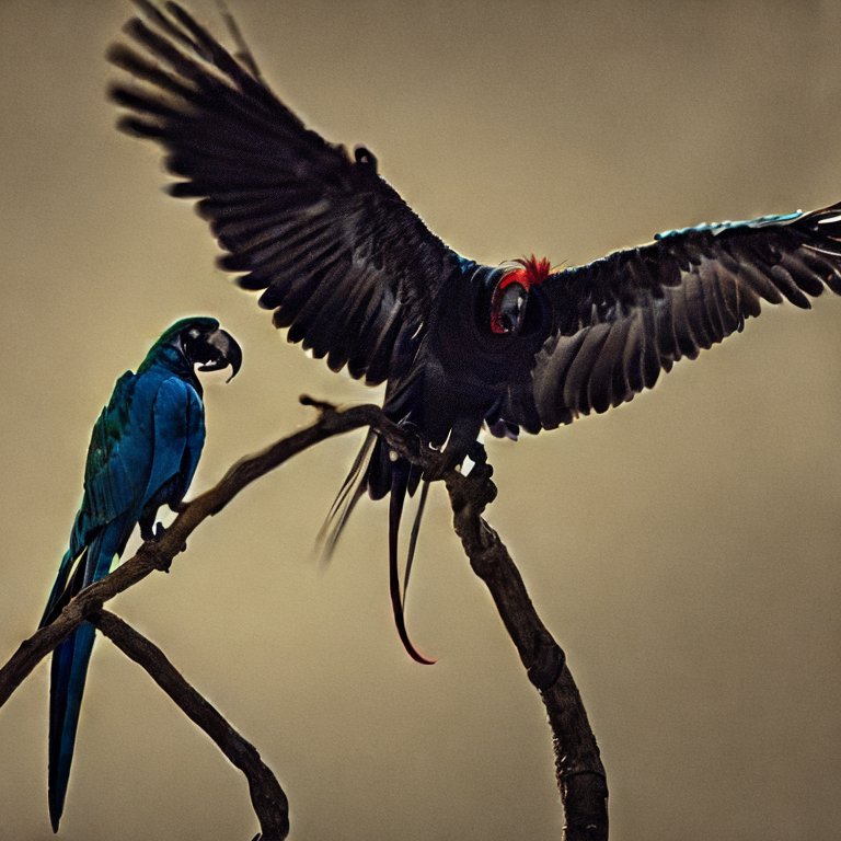 two exotic birds sitting on leafless branches, one which is black with a red crest has its wings outstretched. The other is mainly blue. There is an element of danger.